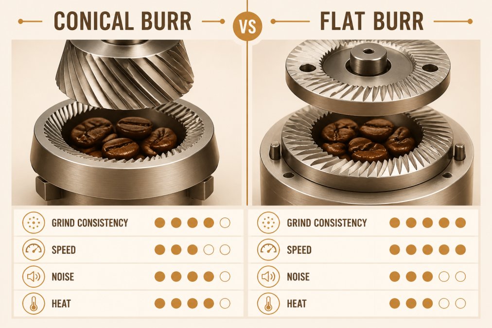 Close-up of conical and flat burr mechanisms side by side, showing the precision grinding surfaces with fresh coffee beans positioned between them, bright studio lighting highlighting the mechanical details