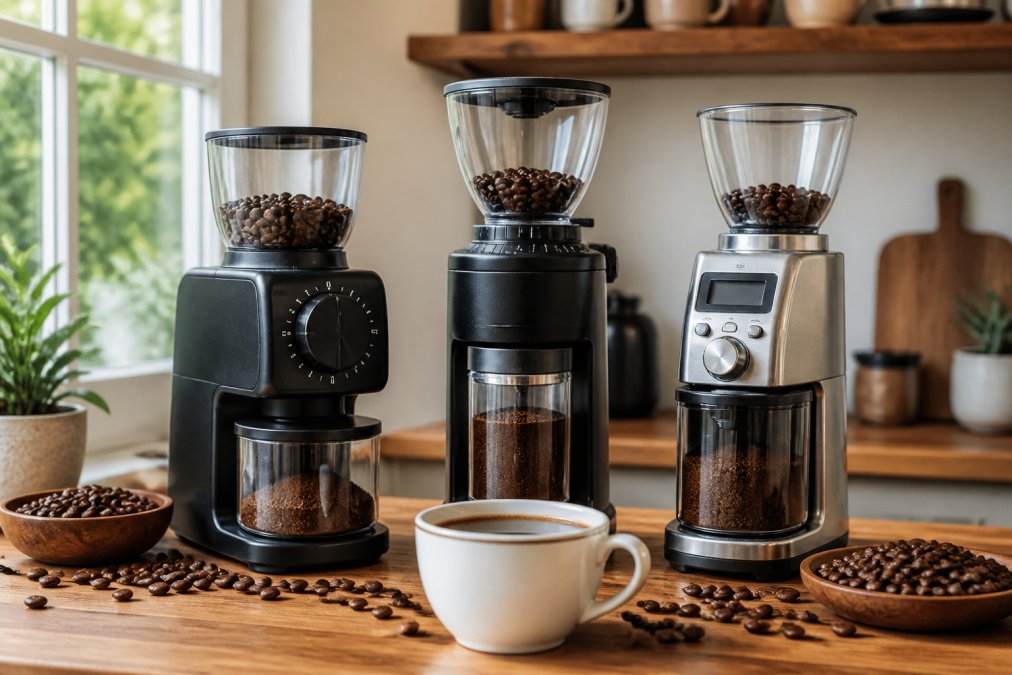 Three different electric coffee grinder models arranged on a wooden counter with fresh coffee beans scattered around them and a white ceramic cup of brewed coffee in the foreground, natural window lighting