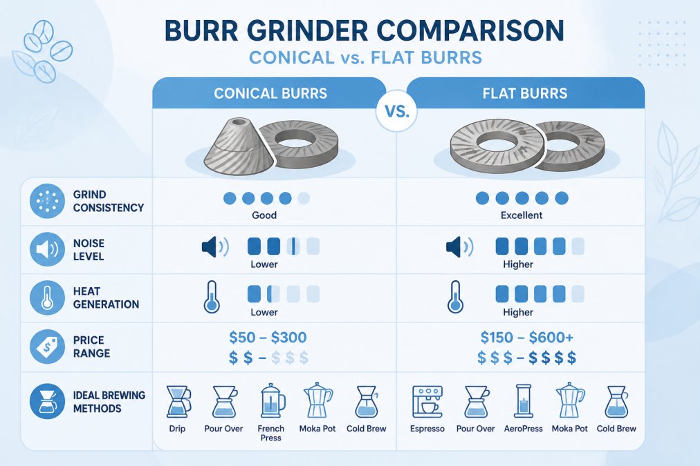Comparison matrix of burr grinder types showing conical vs. flat burrs across grind consistency, noise level, heat generation, price range, and ideal brewing methods