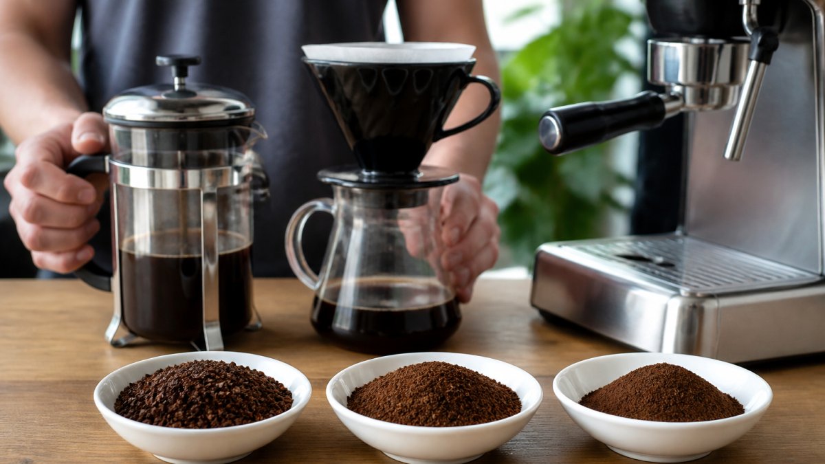 Close-up of three small white bowls containing coarse, medium, and fine coffee grounds side by side on a wooden surface, with a French press, pour-over cone, and espresso machine visible blurred in the background