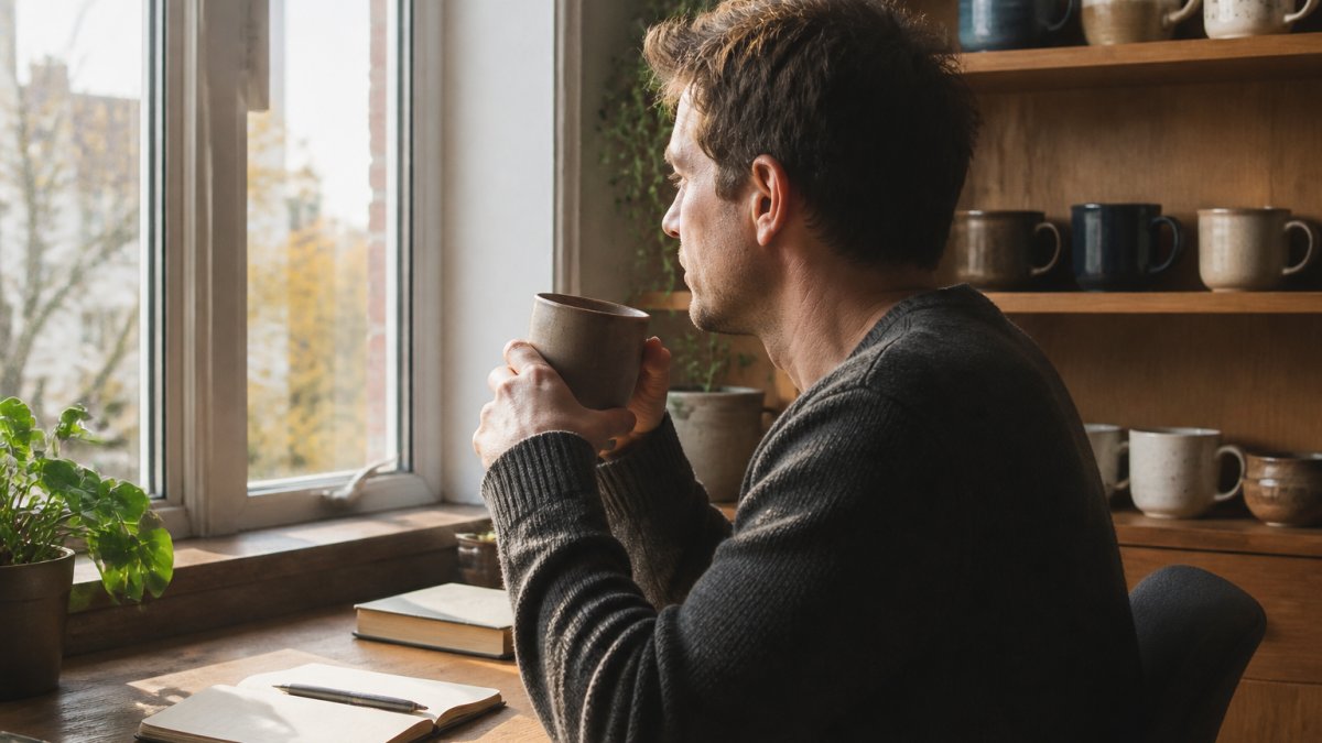 Person at home desk holding a warm ceramic mug while looking out a window, natural morning light, multiple mugs visible on a nearby shelf