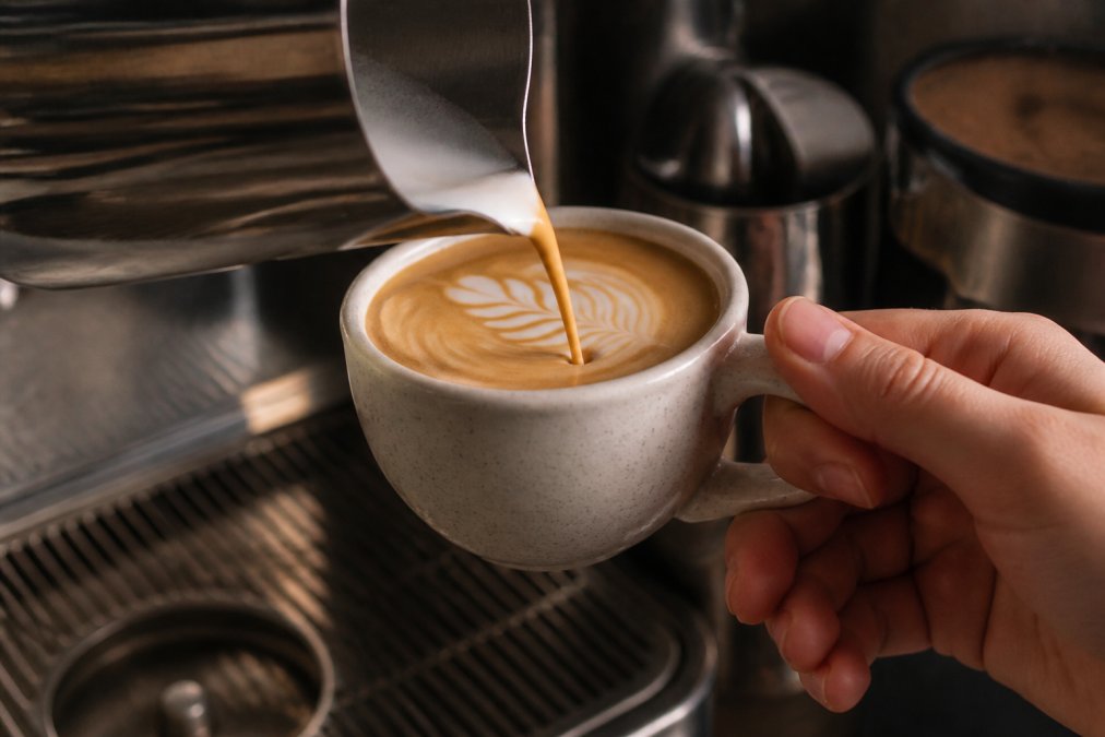 Close-up of a home barista's hand holding a ceramic mug with visible handle ergonomics, pouring espresso into the cup with latte art visible, showing the grip and rim thickness interaction
