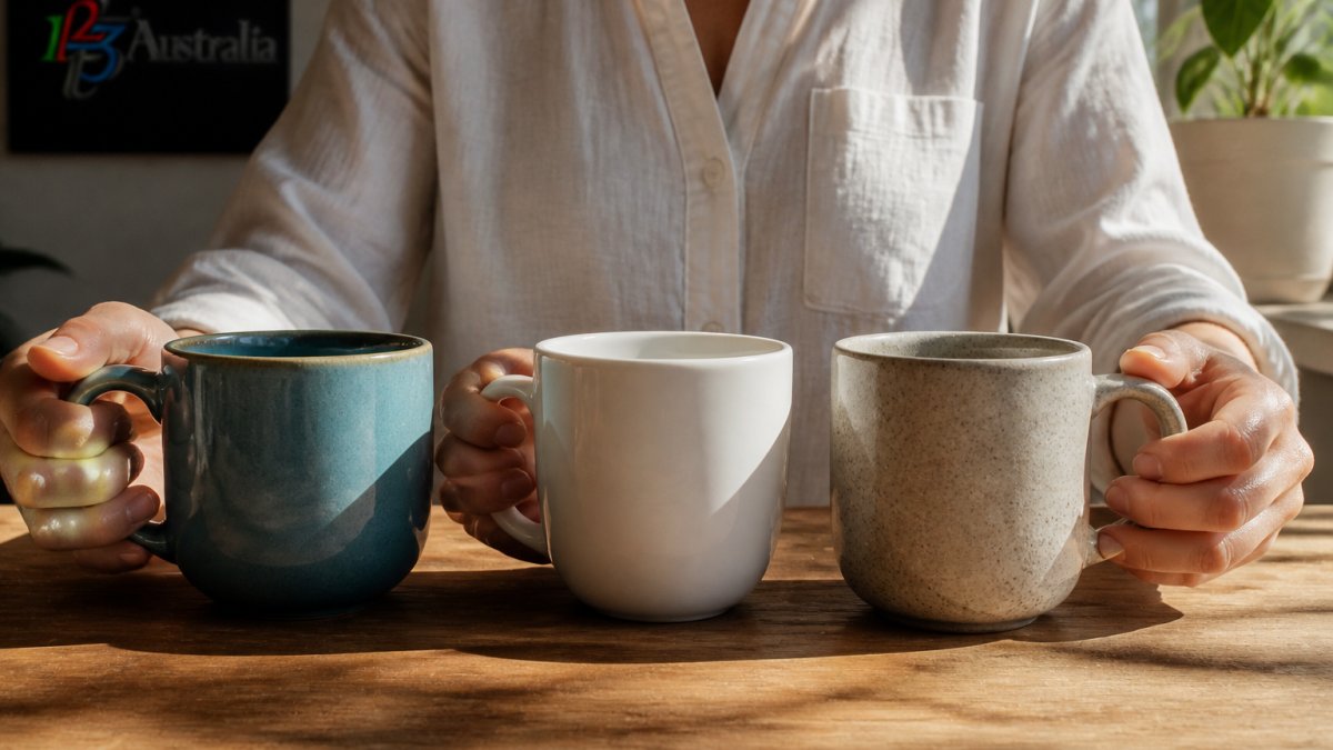 Close-up of hands holding three different coffee mugs, ceramic with a bright glaze, porcelain with a smooth finish, and stoneware with a textured surface, arranged on a wooden table with morning light
