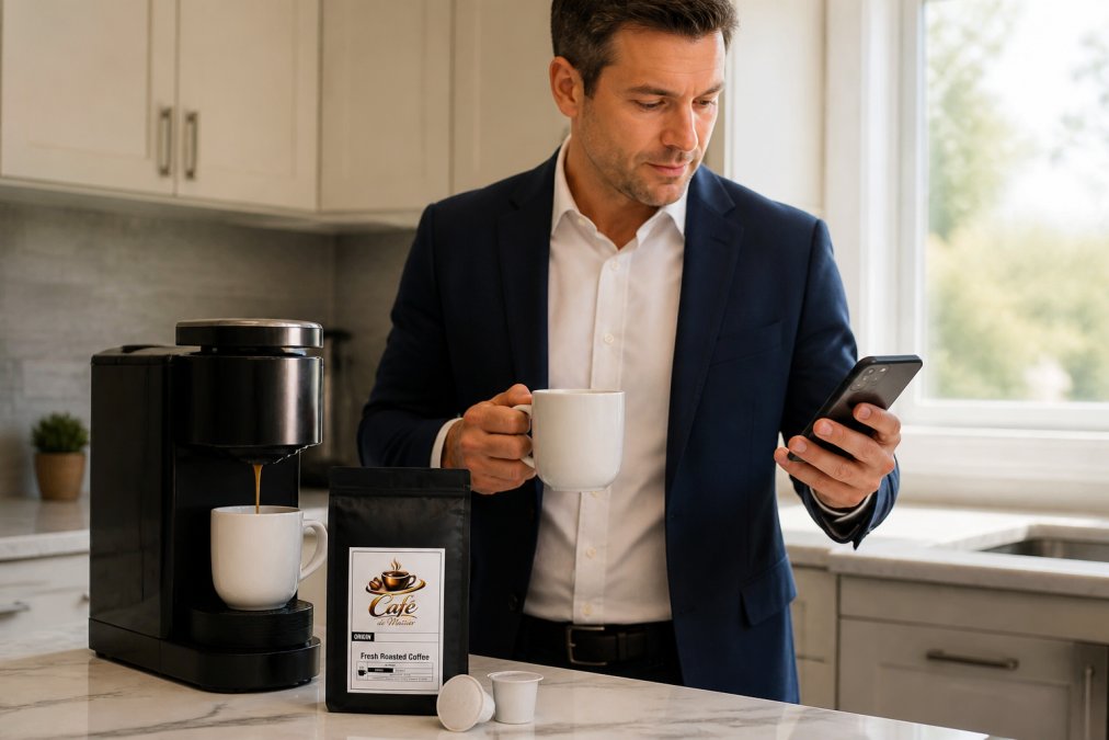 A busy professional in business casual attire pouring a freshly brewed cup from a single-serve coffee maker in a modern kitchen, holding the mug with one hand while checking their phone with the other, natural morning light streaming through the window