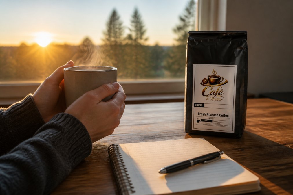 Close-up of hands holding a steaming coffee mug near a window during sunrise, with a notebook and pen visible on a wooden table, soft natural light creating a calm, reflective atmosphere