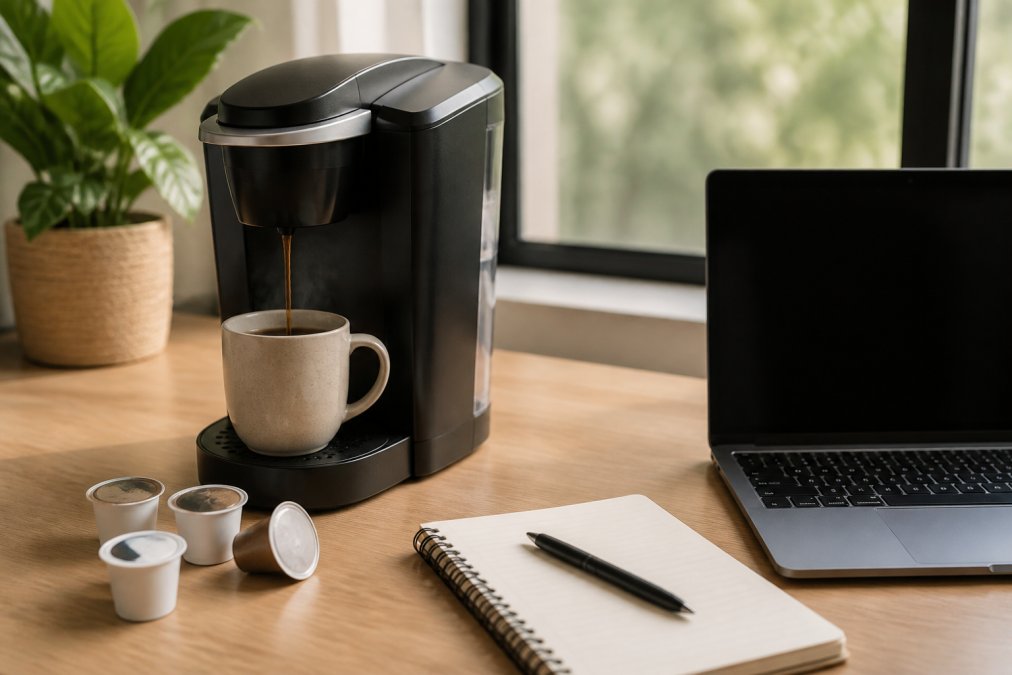 A home office desk with a single-serve coffee maker, a steaming mug of coffee, and a few coffee pods arranged neatly beside a laptop and notebook