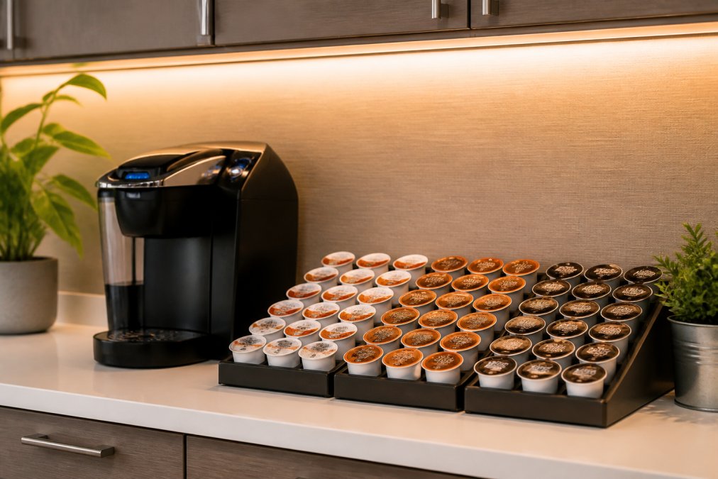 A well-organized office breakroom counter with rows of single-serve coffee pods sorted by roast type, light, medium, and dark, arranged beside a modern pod brewing machine, warm overhead lighting casting a clean, welcoming glow