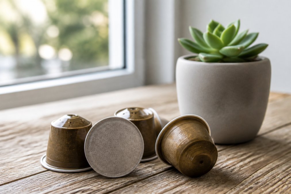 Close-up of several compostable coffee pods resting on a weathered wooden surface beside a small potted succulent plant, soft natural light coming through a nearby window, emphasizing an eco-conscious and minimal office aesthetic