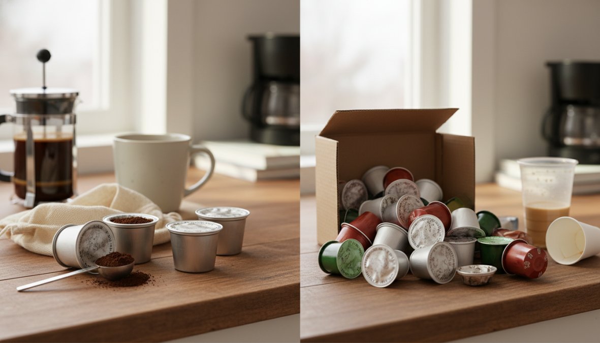 Side-by-side close-up of a reusable stainless steel coffee pod filled with freshly ground dark coffee next to a sealed aluminium disposable capsule on a white kitchen countertop, bright natural window light
