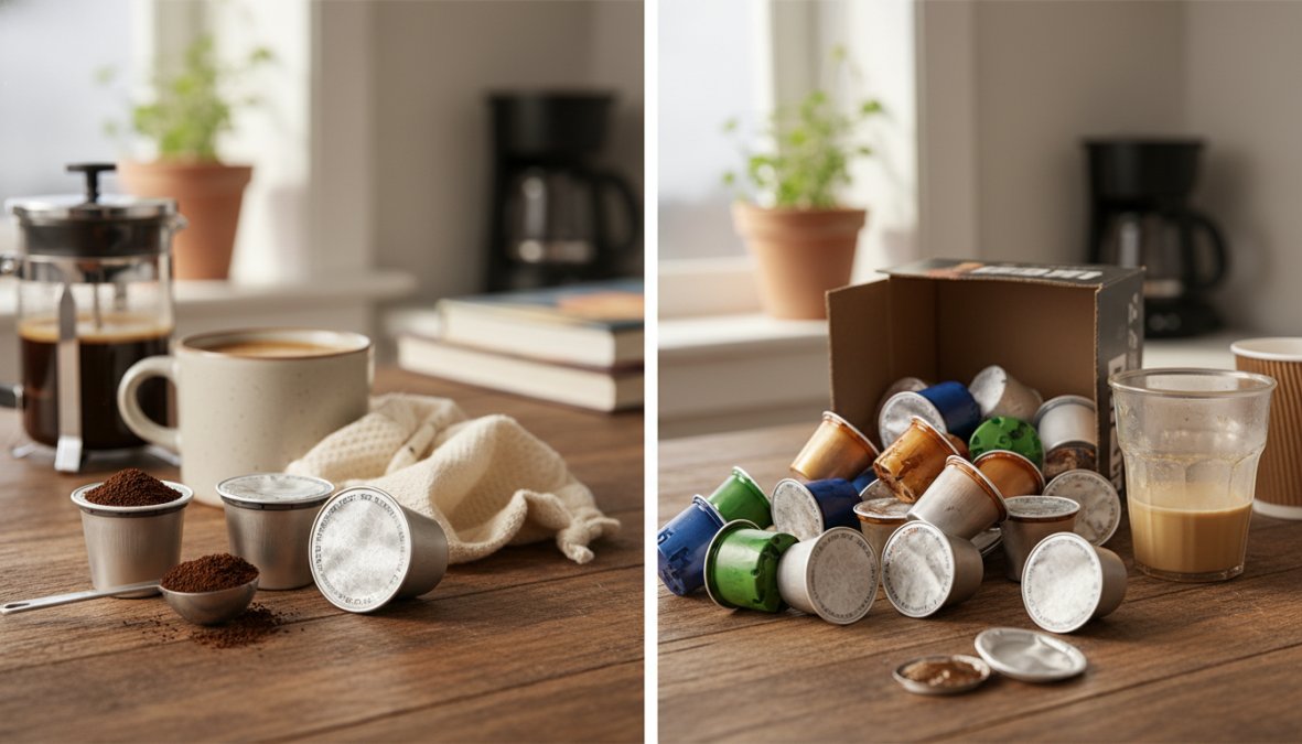 A flat-lay arrangement of several branded coffee pods and capsules on a worn wooden surface next to a modern stainless steel espresso machine, with a freshly pulled espresso shot in a small white ceramic cup, warm natural side lighting