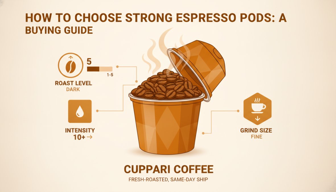 Close-up of freshly roasted dark espresso beans in a coffee pod, showing rich dark color and glossy surface with visible oils and steam rising