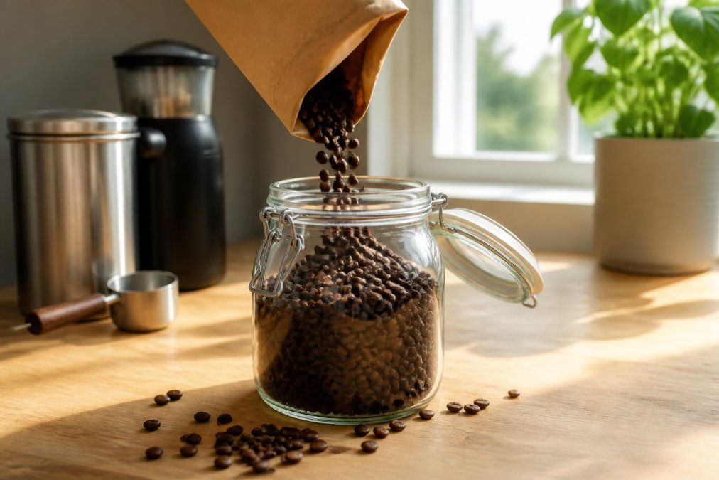 Whole coffee beans being poured from a kraft paper bag into a clear airtight glass canister on a light wood kitchen counter, with a few scattered beans visible, soft afternoon light through a nearby window