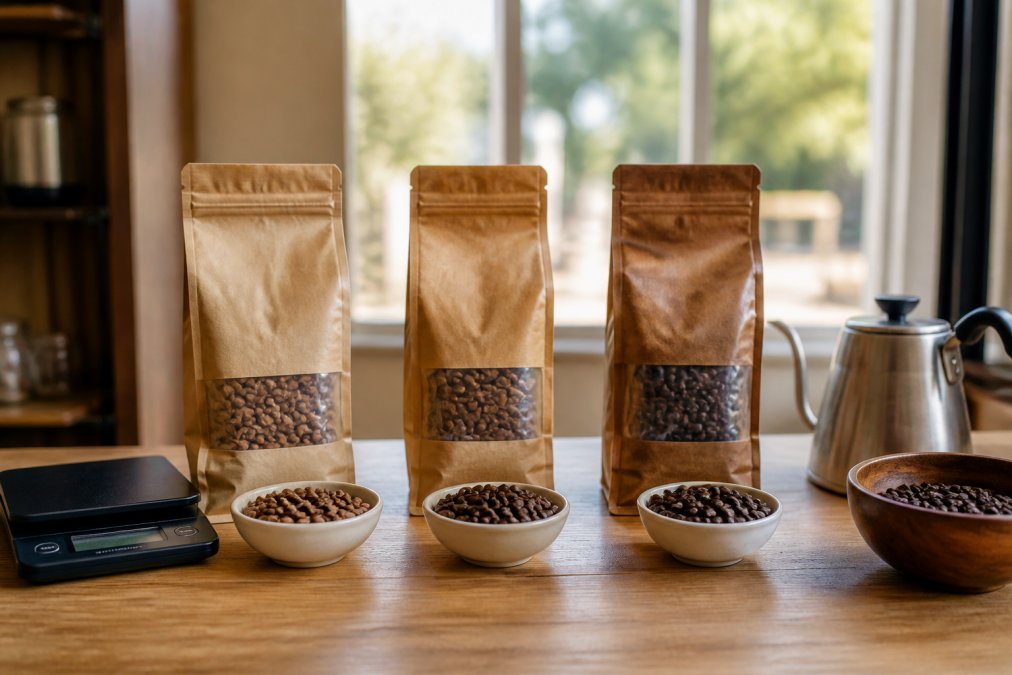 Three bags of coffee from the best coffee roasters in Iowa displayed on a wooden counter with whole beans.