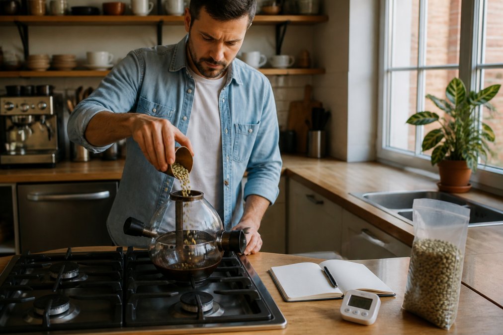 A home barista in a bright kitchen pouring green coffee beans into a stovetop popcorn popper, with a notebook and timer on the counter beside a bag of unroasted beans