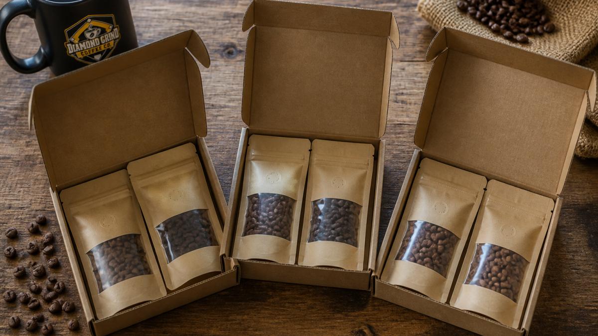 Overhead flat lay of three open coffee sample packs with 2oz bags arranged on a wooden surface, showing different roasted beans and their packaging labels, warm natural lighting