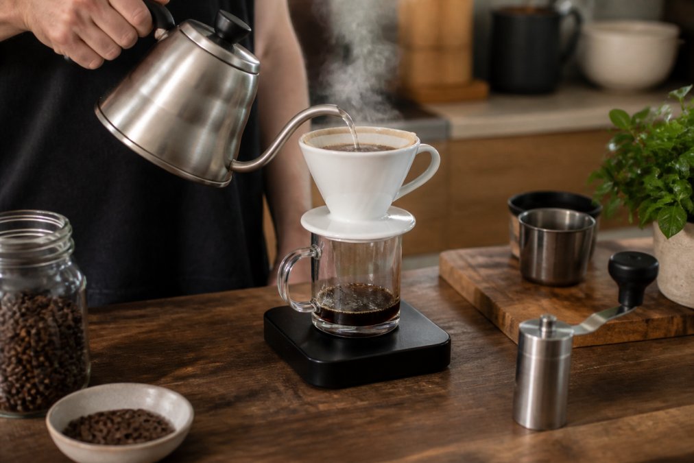 Gooseneck kettle pouring hot water into a pour-over dripper resting on a digital scale on a wooden counter