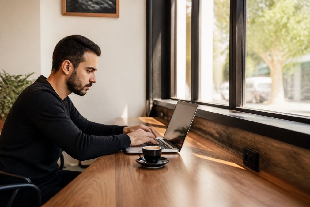 Remote worker at a wooden table with laptop and espresso cup, natural light streaming through large windows, power outlet visible on the wall, focused expression