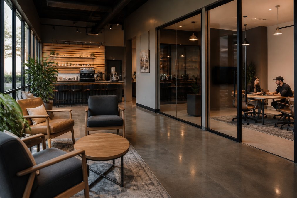 Modern coffee shop interior with comfortable lounge seating, natural light from large windows, cozy armchairs, espresso bar visible in background, and a meeting room with glass walls where two people are collaborating