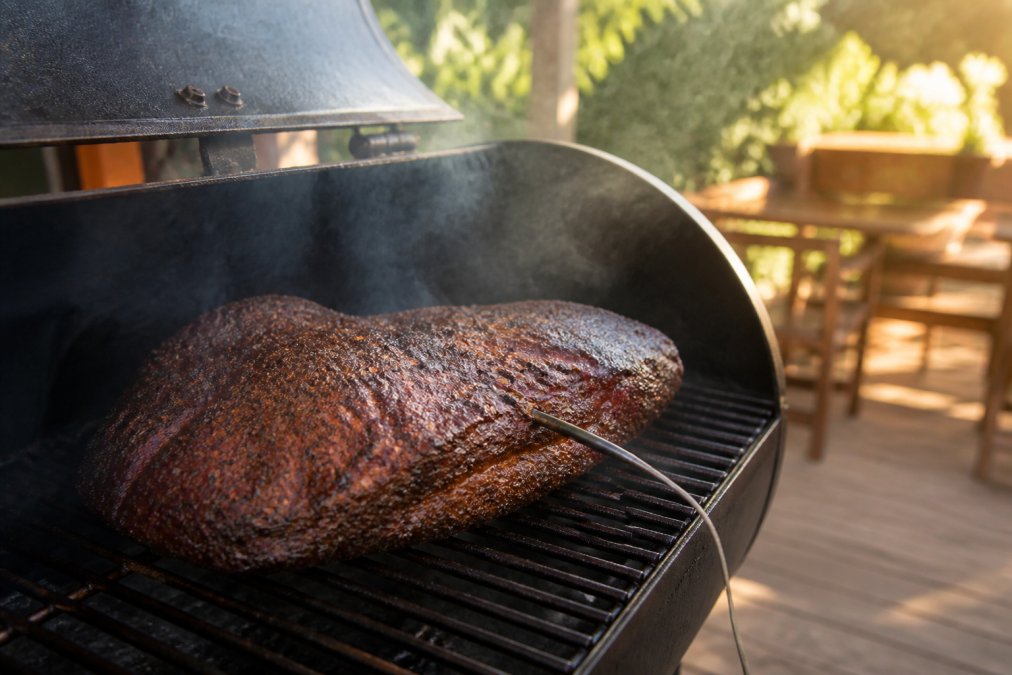 Brisket with a dark coffee spice rub crust smoking on a grill grate with a thermometer probe inserted