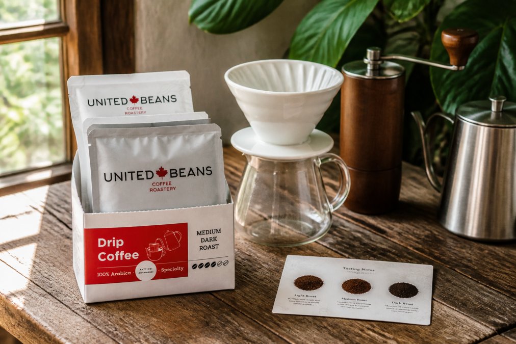 Flat lay of an open coffee tasting bundle with multiple whole bean bags displaying different roast levels, brewing equipment including a pour-over cone and grinder, and tasting notes card on a weathered wooden surface with natural window lighting