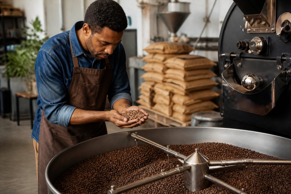 Coffee roaster in a brown apron carefully inspecting freshly roasted beans in a metal cooling tray, with large roasting equipment and stacked kraft paper coffee bags visible in the background of a bright roastery