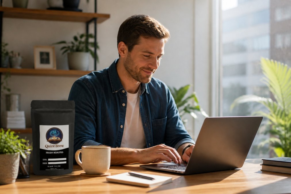 Professional working at home office desk with fresh cup of coffee and laptop, morning light streaming through window, minimalist workspace with coffee subscription package visible on desk