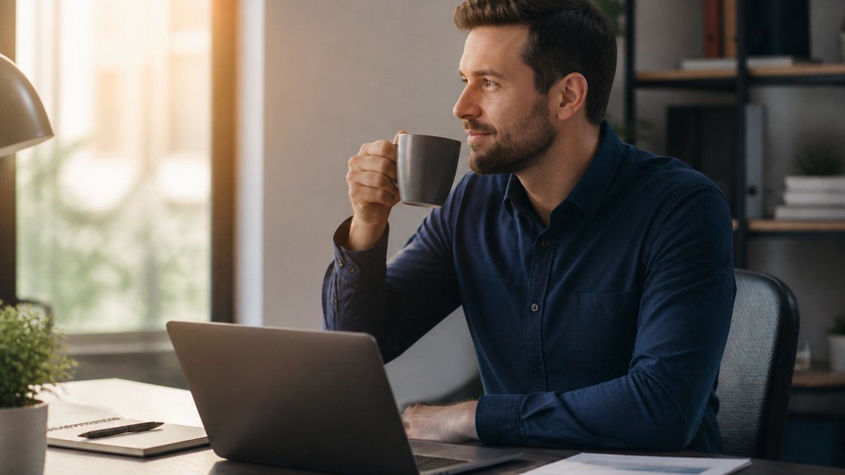 Professional at modern desk in morning light with fresh coffee and laptop, focused and energized before starting workday
