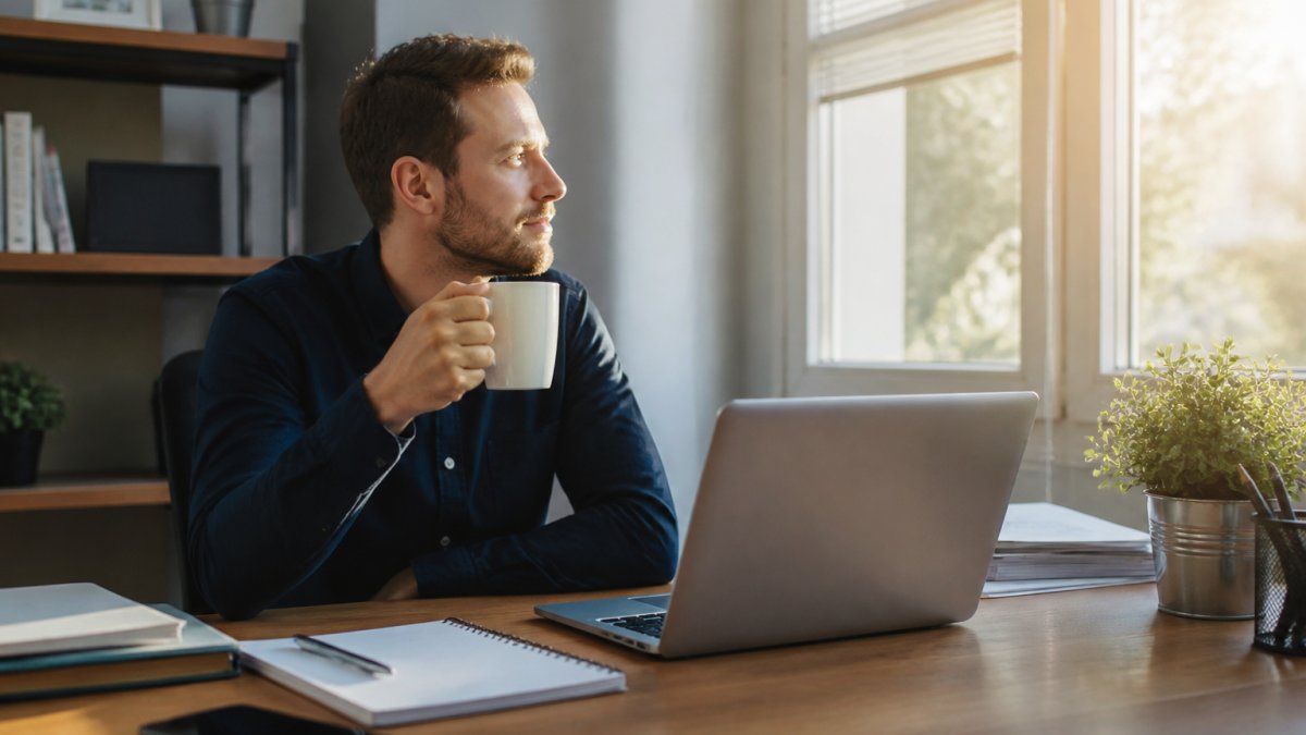 Professional in modern home office with coffee cup on desk beside laptop and morning work setup, natural morning light streaming through window