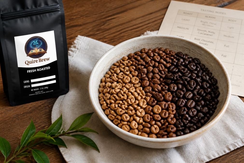 Close-up of artisan coffee beans in ceramic bowl with tasting notes card, showcasing color variation from light to dark roasts, natural overhead lighting