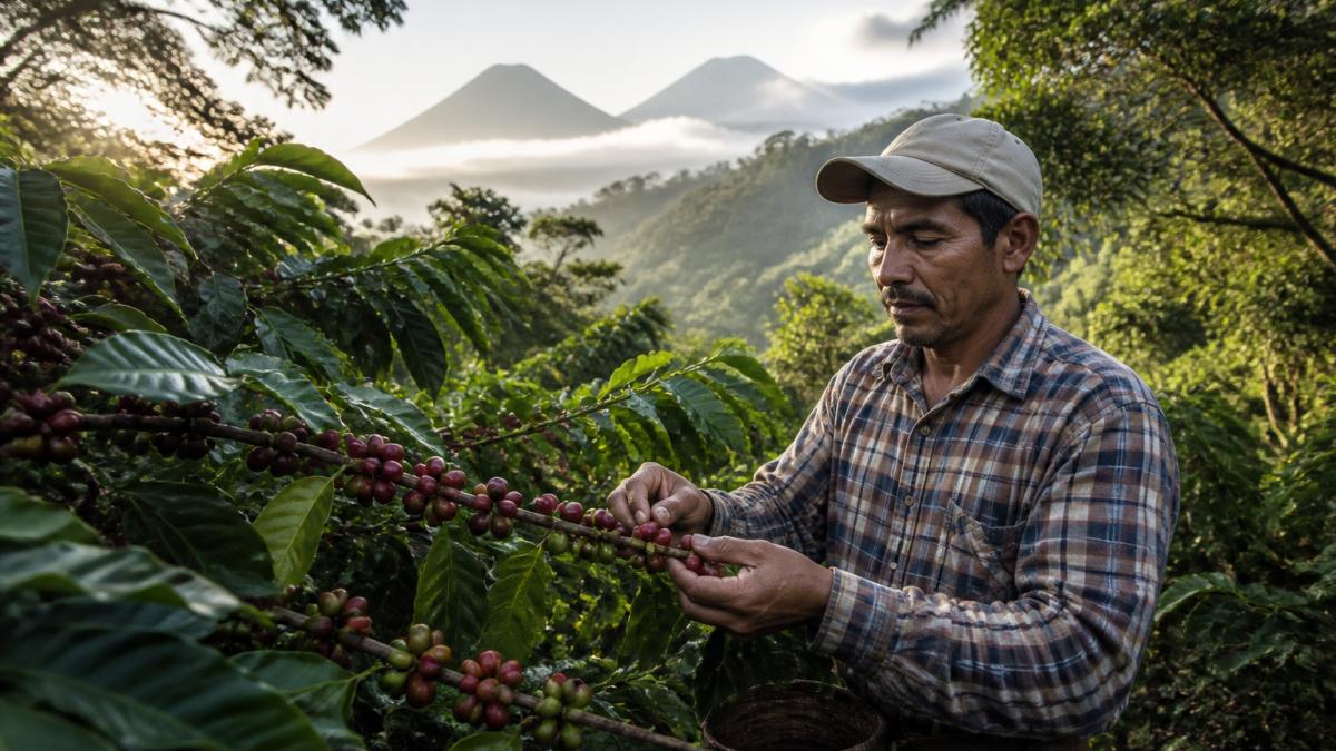 Coffee farmer in lush highland plantation examining ripe coffee cherries on branches, mountain peaks visible in misty background, early morning light filtering through canopy