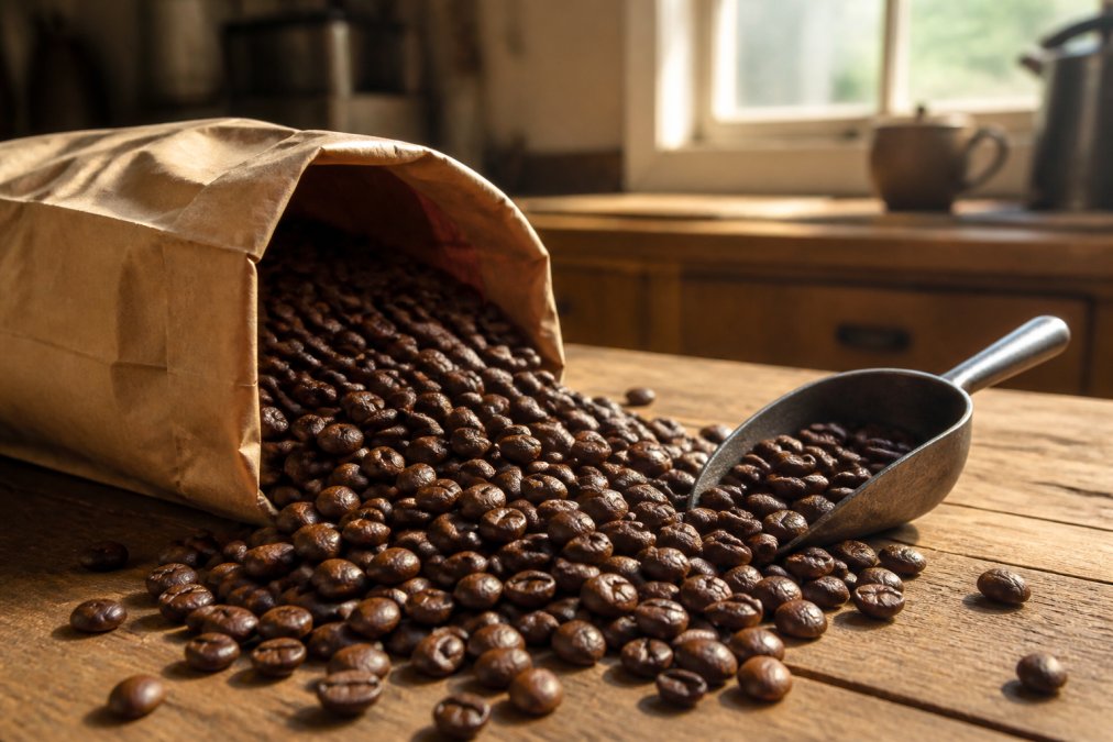 Close-up of freshly roasted whole coffee beans spilling from a small kraft bag onto a worn wooden surface, with warm natural light coming through a kitchen window and a small roasting scoop resting nearby