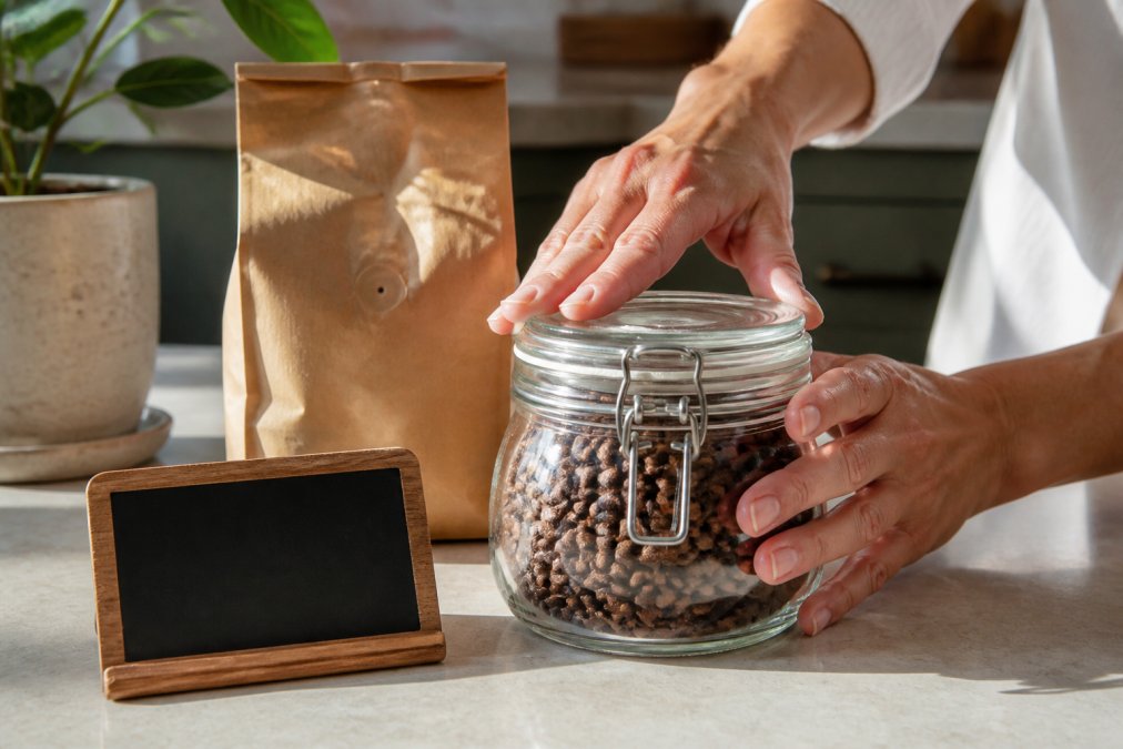 A pair of hands pressing down the lid of an airtight glass coffee canister on a light-colored kitchen counter, with a kraft bag of whole bean coffee and a small chalkboard showing a handwritten roast date sitting nearby in warm morning light