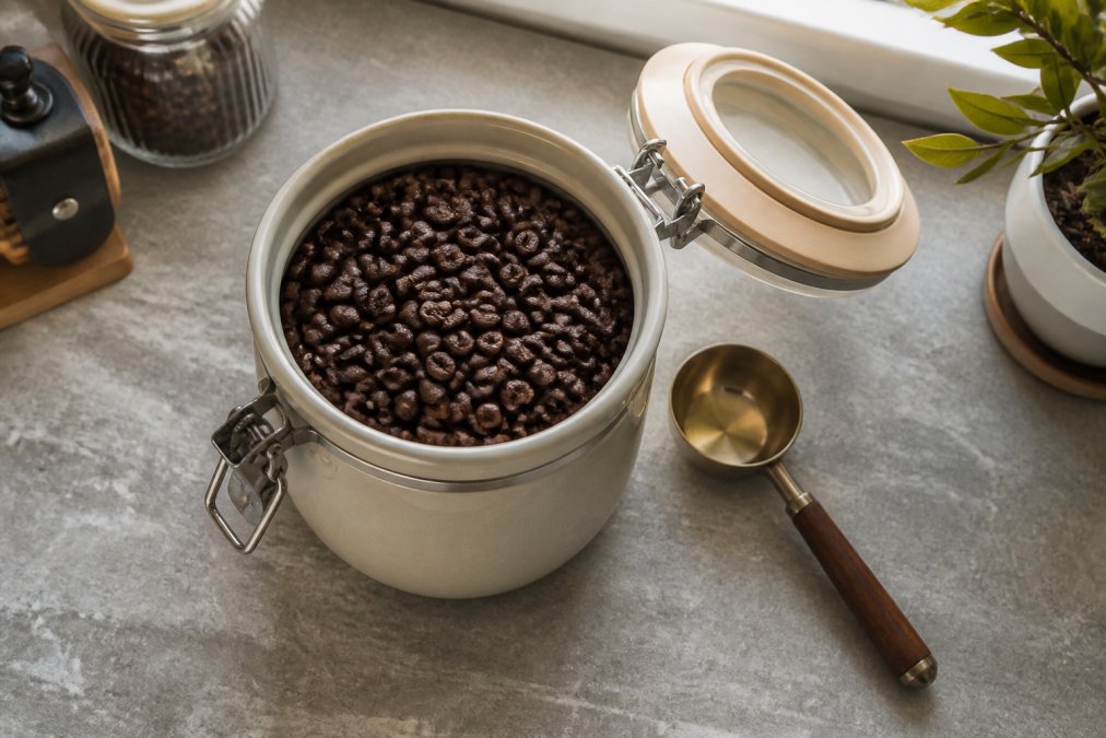 Overhead shot of an airtight ceramic canister filled with whole coffee beans on a kitchen counter, small scoop resting beside it, soft natural light from a window