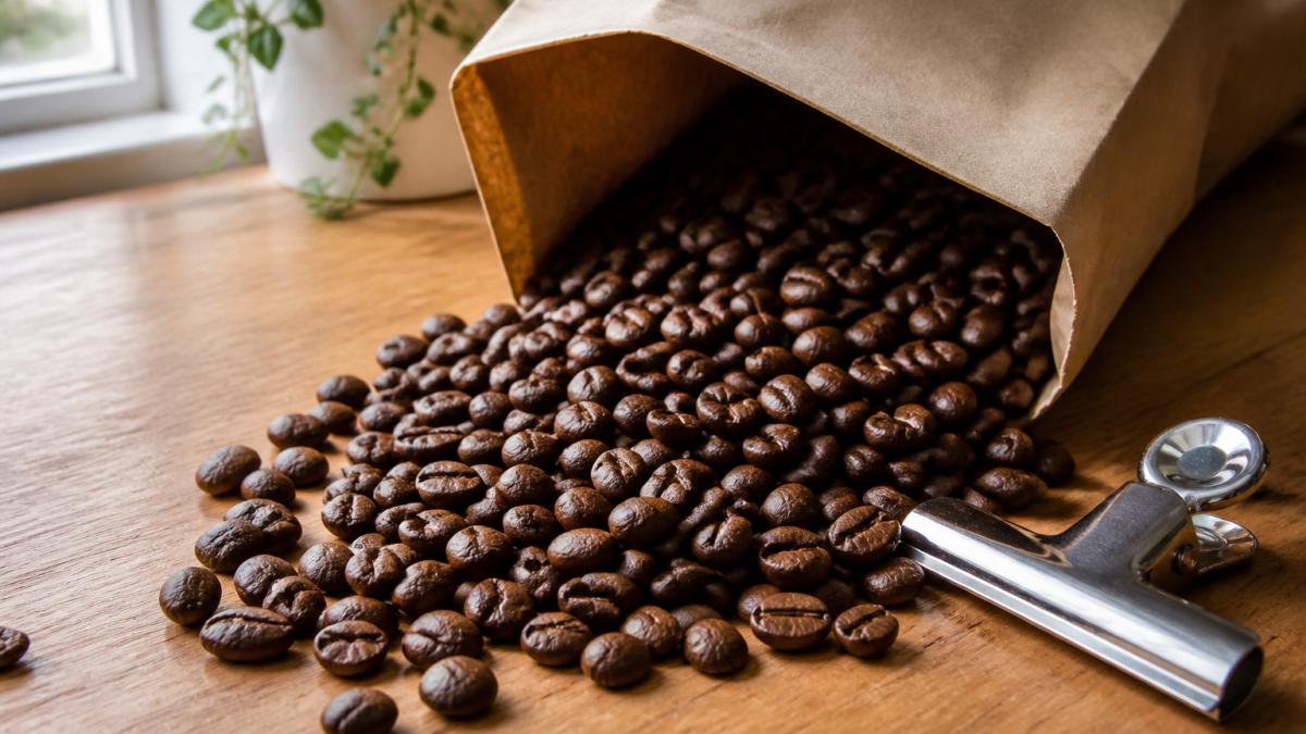 Close-up of freshly roasted coffee beans spilling from a brown paper bag onto a wooden kitchen counter, with a stainless steel bag clip nearby and soft natural window light