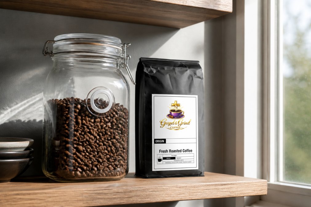 Airtight glass container with a one-way valve filled with whole coffee beans, sitting on a kitchen shelf next to a window with soft morning sunlight streaming through, cool tones