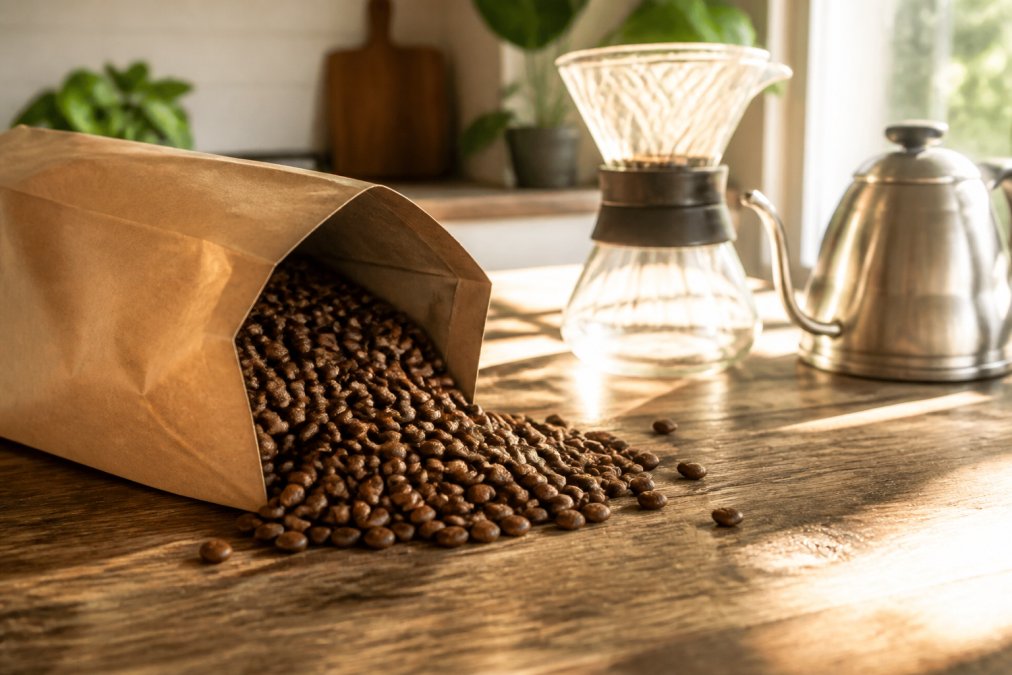 Close-up of freshly roasted whole bean coffee being poured from a kraft kraft bag onto a worn wooden surface, with a pour-over dripper and gooseneck kettle visible in the background on a bright, sunlit kitchen counter
