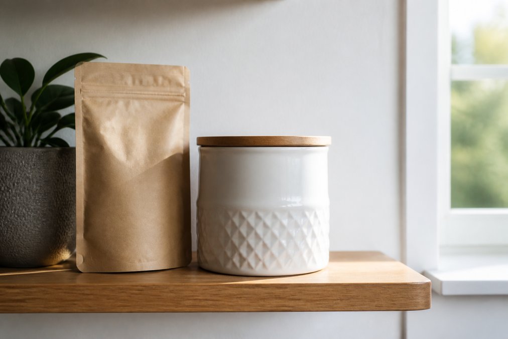 An airtight ceramic coffee canister with a wooden lid sitting on a clean kitchen shelf next to a sealed kraft bag of specialty coffee, soft natural window light illuminating both containers against a minimal white wall background