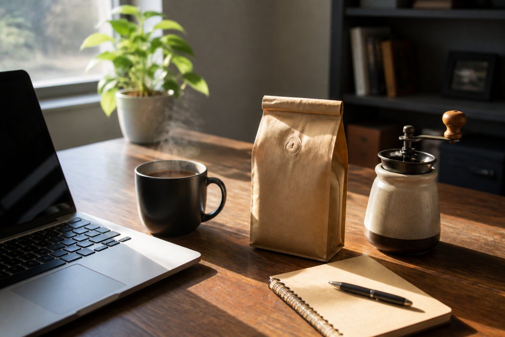 A tidy home office desk with a steaming mug of black coffee beside an open laptop, natural morning light coming through a window, a small bag of whole bean coffee resting beside a ceramic grinder on the desk surface