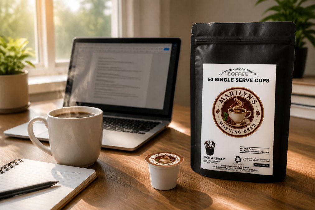 A neatly arranged home office desk with a steaming mug of coffee, a laptop open to a work document, and several small coffee bags with visible labels spread out nearby, warm morning light coming through a window