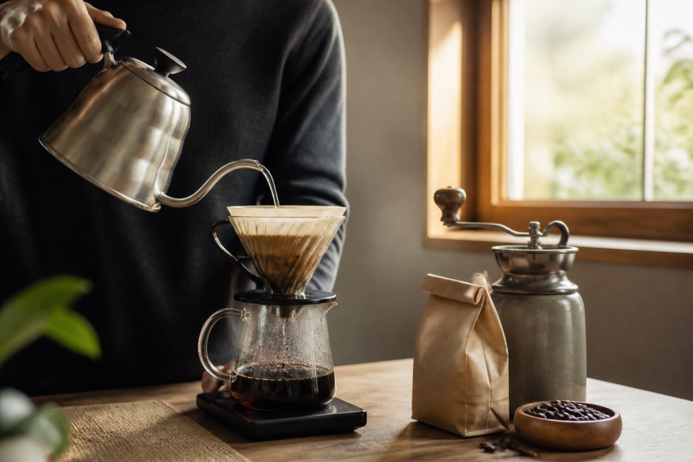 Close-up of hands pouring hot water from a gooseneck kettle into a pour-over dripper on a wooden desk, with a small glass carafe below catching the brewed coffee, warm morning light coming through a window, a small bag of whole bean coffee resting beside a ceramic grinder on the desk surface