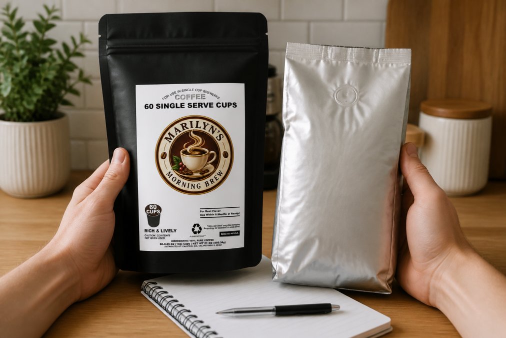 Close-up of two hands holding coffee bags side by side on a wooden kitchen counter, one a small-batch specialty bag and one a generic grocery store brand, with a notebook and pen in the background, soft natural light