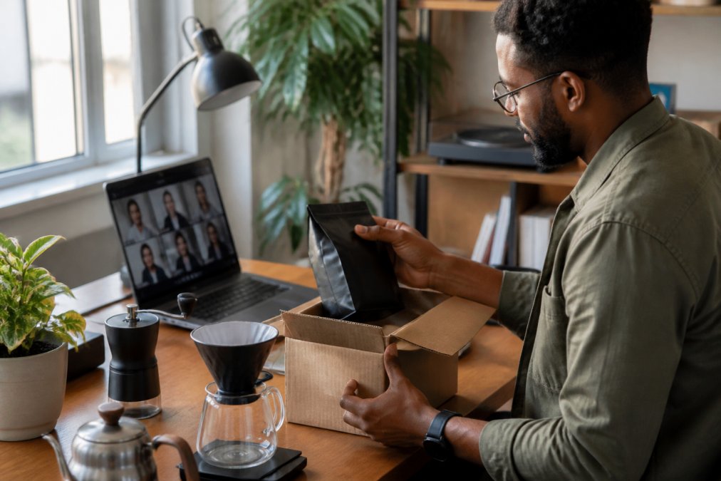 A tidy home office desk with a compact pourover dripper on a wooden tray, a small hand grinder, an open bag of whole bean coffee, and a laptop showing a video call in the background, warm morning light through a window