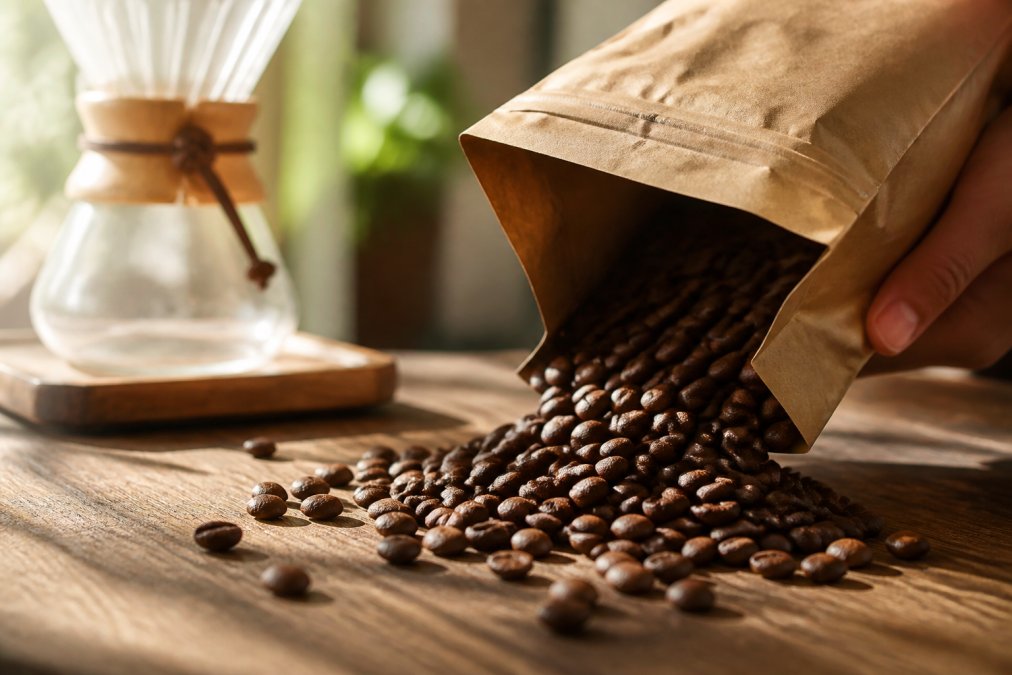 Close-up of freshly roasted whole bean coffee being poured from a kraft bag onto a wooden surface, warm morning light filtering across the beans with a pour-over dripper visible in the background