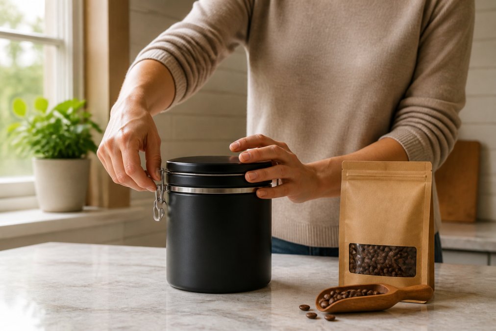A person sealing a dark airtight coffee canister on a clean kitchen countertop, a small kraft bag of whole bean coffee and a wooden scoop resting nearby, soft natural light coming through a window to the left
