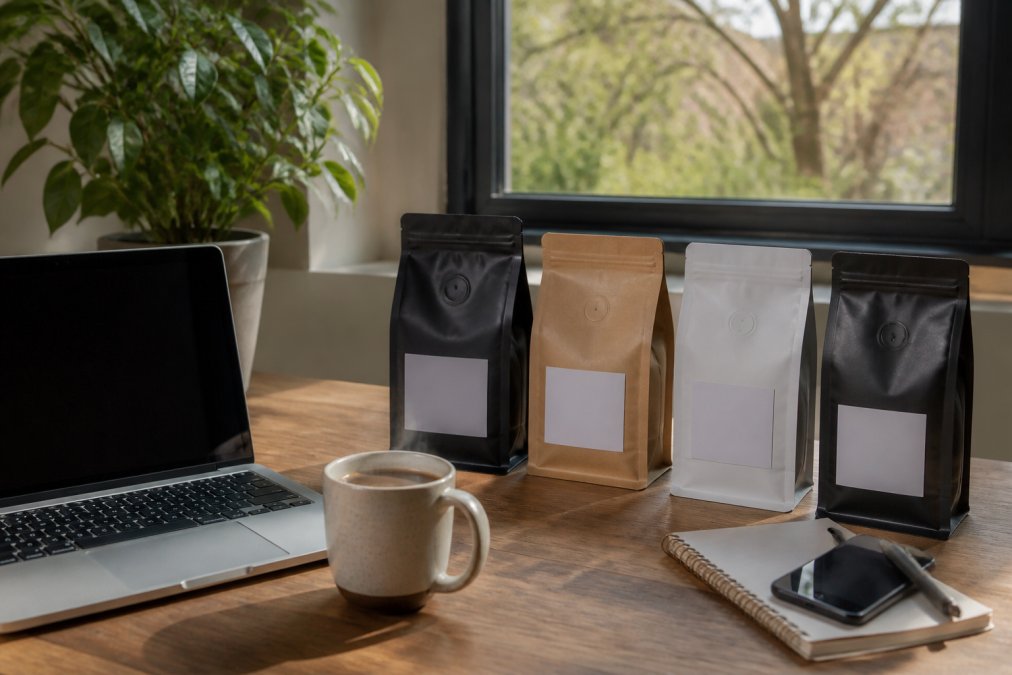 A tidy home office desk with a laptop, a steaming ceramic mug, and several unopened coffee bags from different roasters arranged near a window with soft morning light
