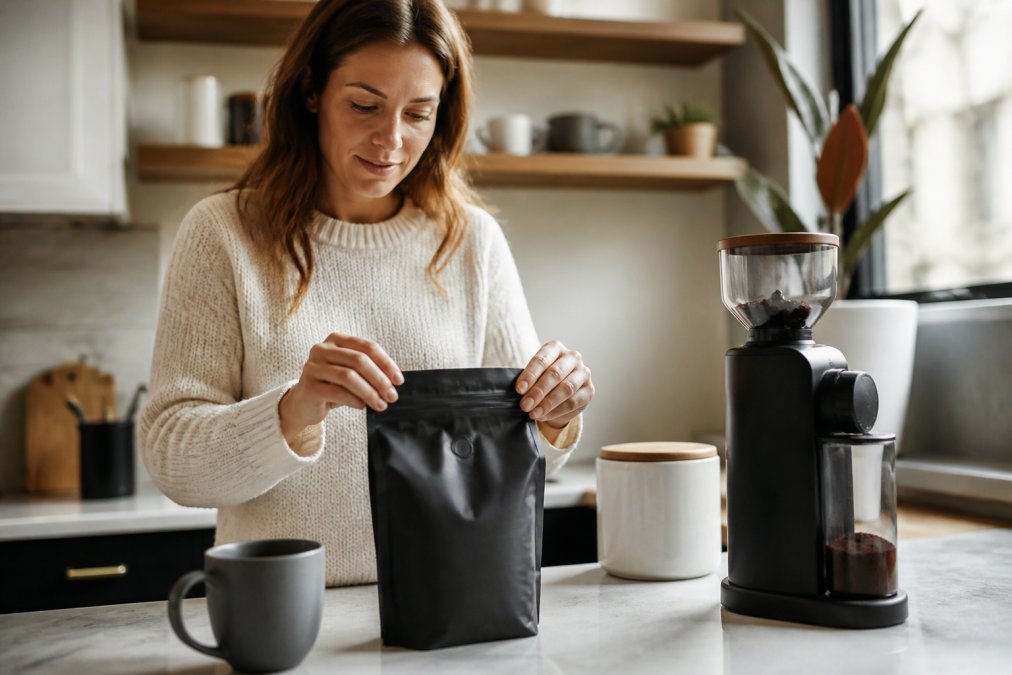 Freshly roasted coffee beans in a resealable bag with roast date label, sitting on a kitchen counter next to a grinder