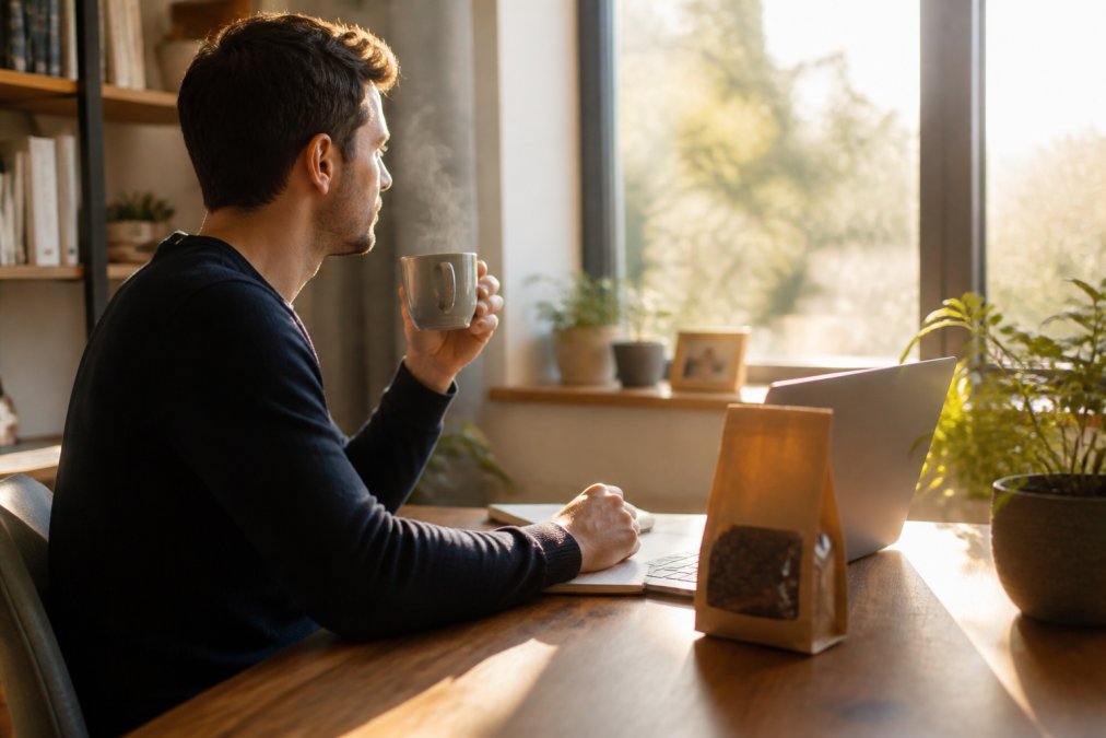 A remote worker at a tidy home office desk, a steaming ceramic mug of freshly brewed coffee beside an open laptop, warm morning light streaming through a window behind them, a small bag of whole bean coffee visible on the desk