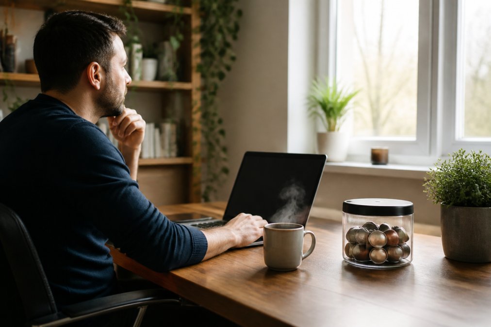 A remote worker at a tidy home desk with a laptop, a steaming mug of coffee, and a coffee capsule container nearby, natural morning light coming through a window