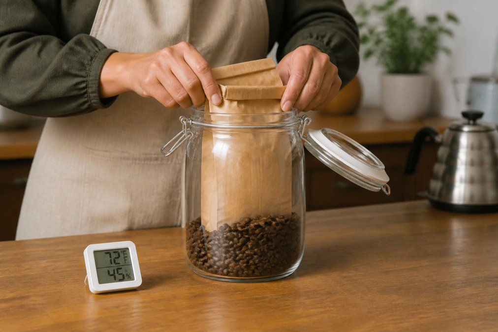 Step-by-step guide on sealing coffee subscription beans in airtight jars to maintain freshness at home.