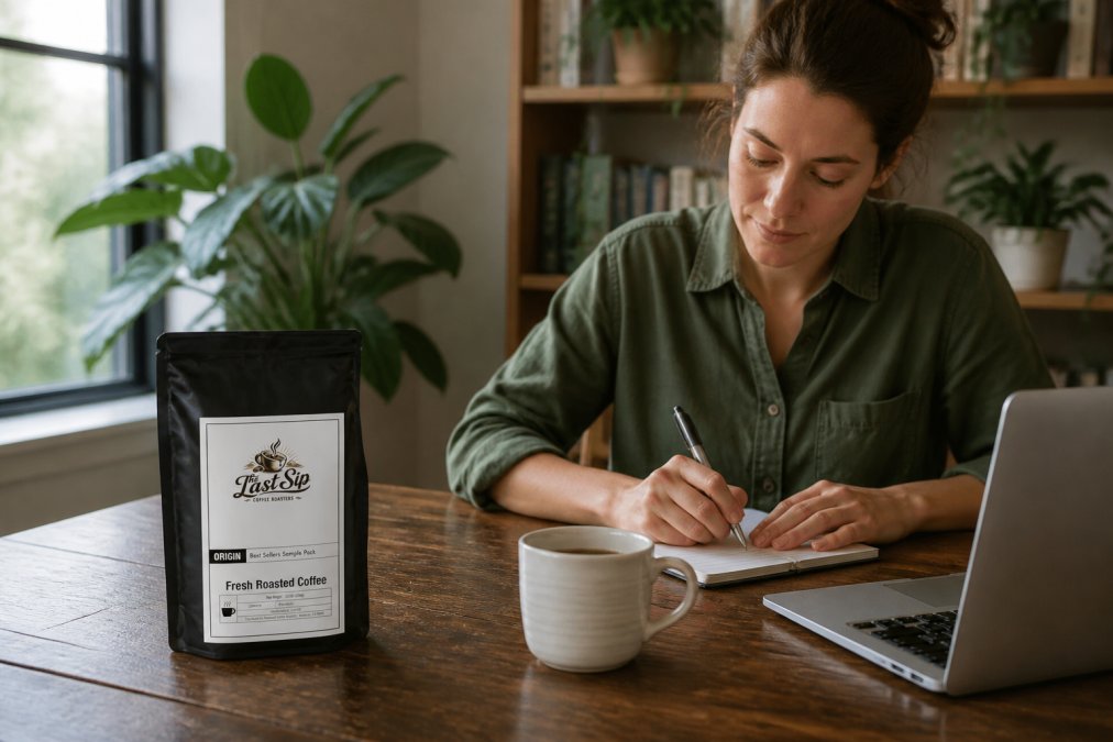 Person at home office desk with a single cup of freshly brewed coffee and a laptop, representing the work-from-home coffee drinker lifestyle